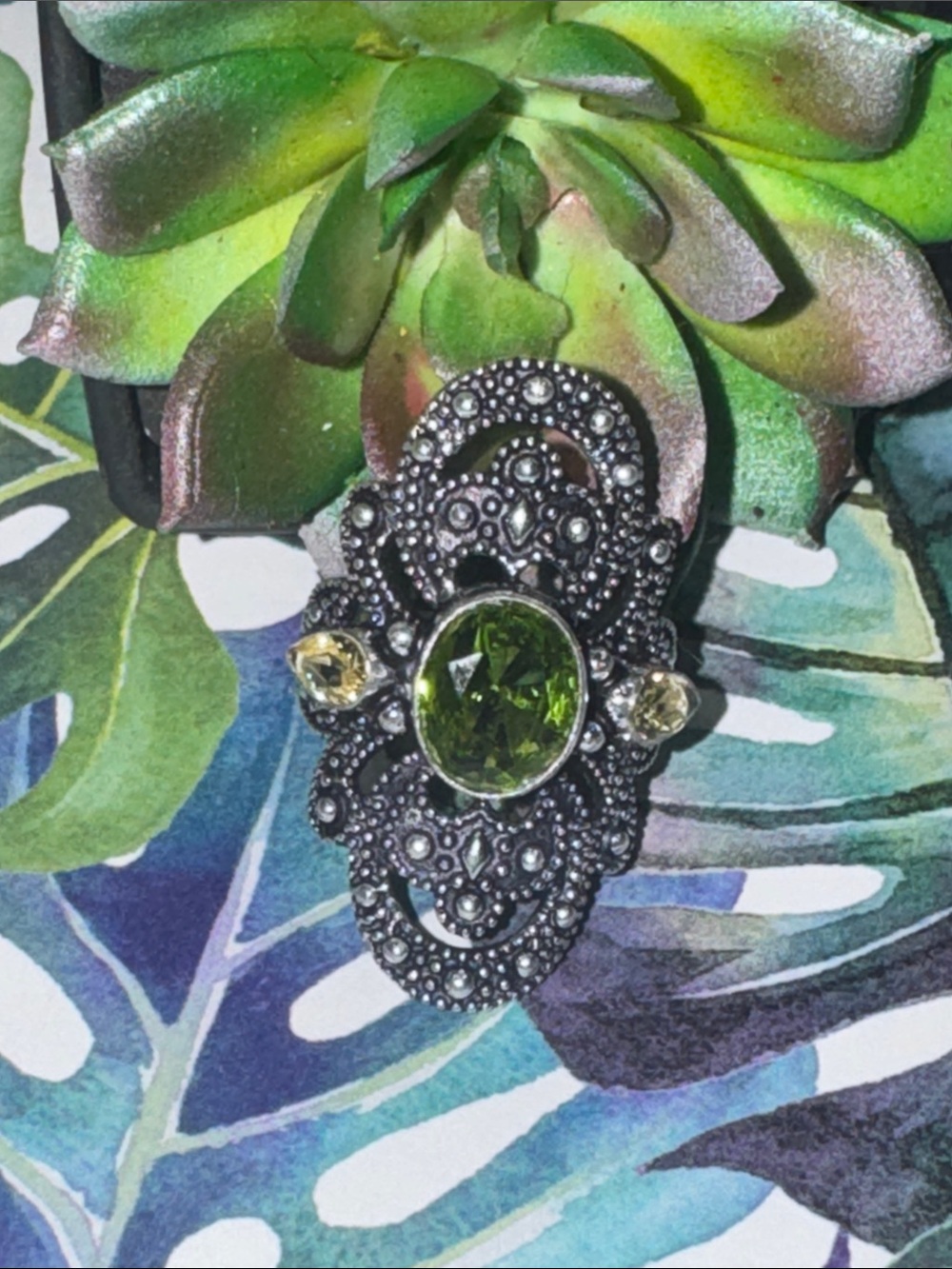 Silver Peridot & Citrine Ring